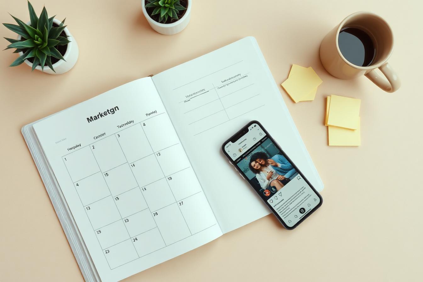 Planner de marketing de 90 días junto a un celular con Instagram sobre escritorio cálido